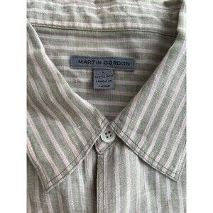 Martin Gordon Men's Long Sleeve Button Down Linen Striped Shirt Green Pink Large